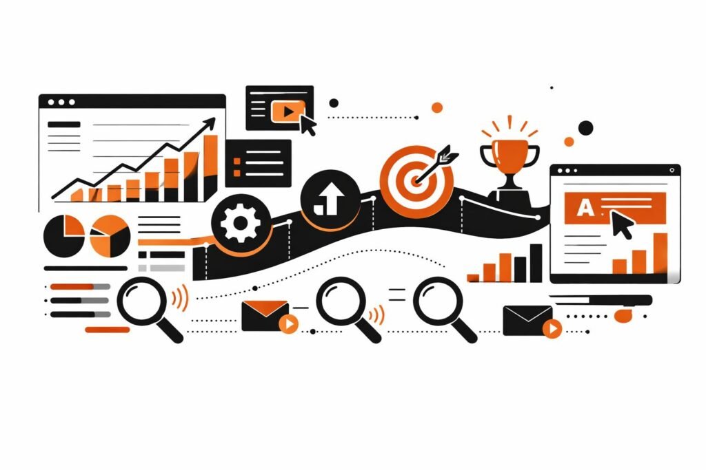 Google Ads bid strategy learning illustration with a campaign dashboard, adjustment timeline and enquiry tracking signals.