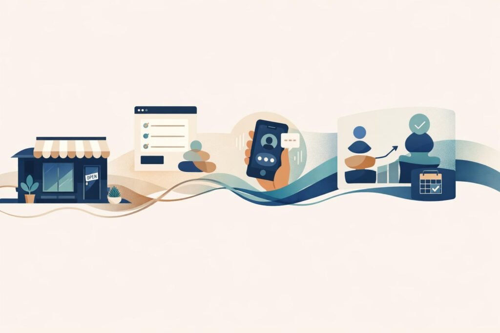 Local SEO lead tracking illustration connecting a storefront, website enquiry form and customer reporting dashboard.